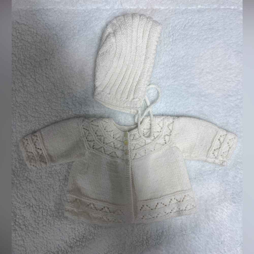 White Knit Baby Sweater with Bonnet